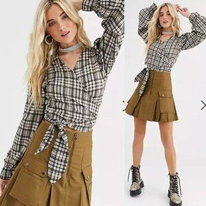 New Girl Order wrap crop top with puff sleeves in heritage check US size 6